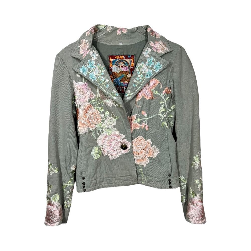 BIYA Johnny Was Floral Embroidered Jacket Small Khaki Boho Flaw Prairie Cottage